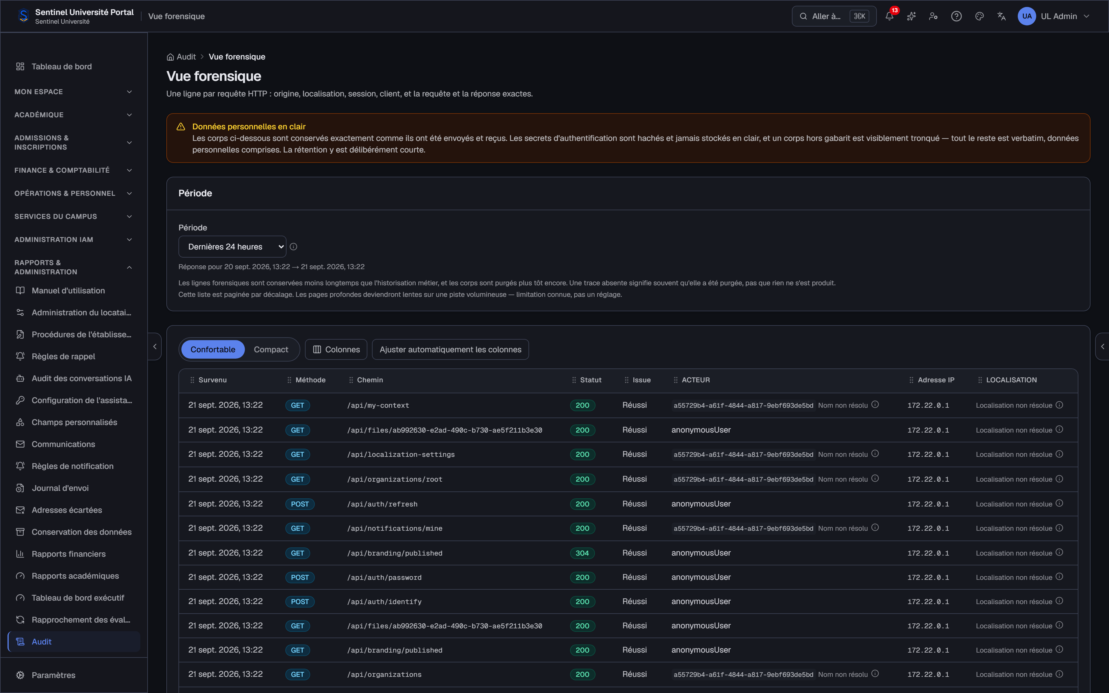 Vue forensique — interface réelle de Sentinel