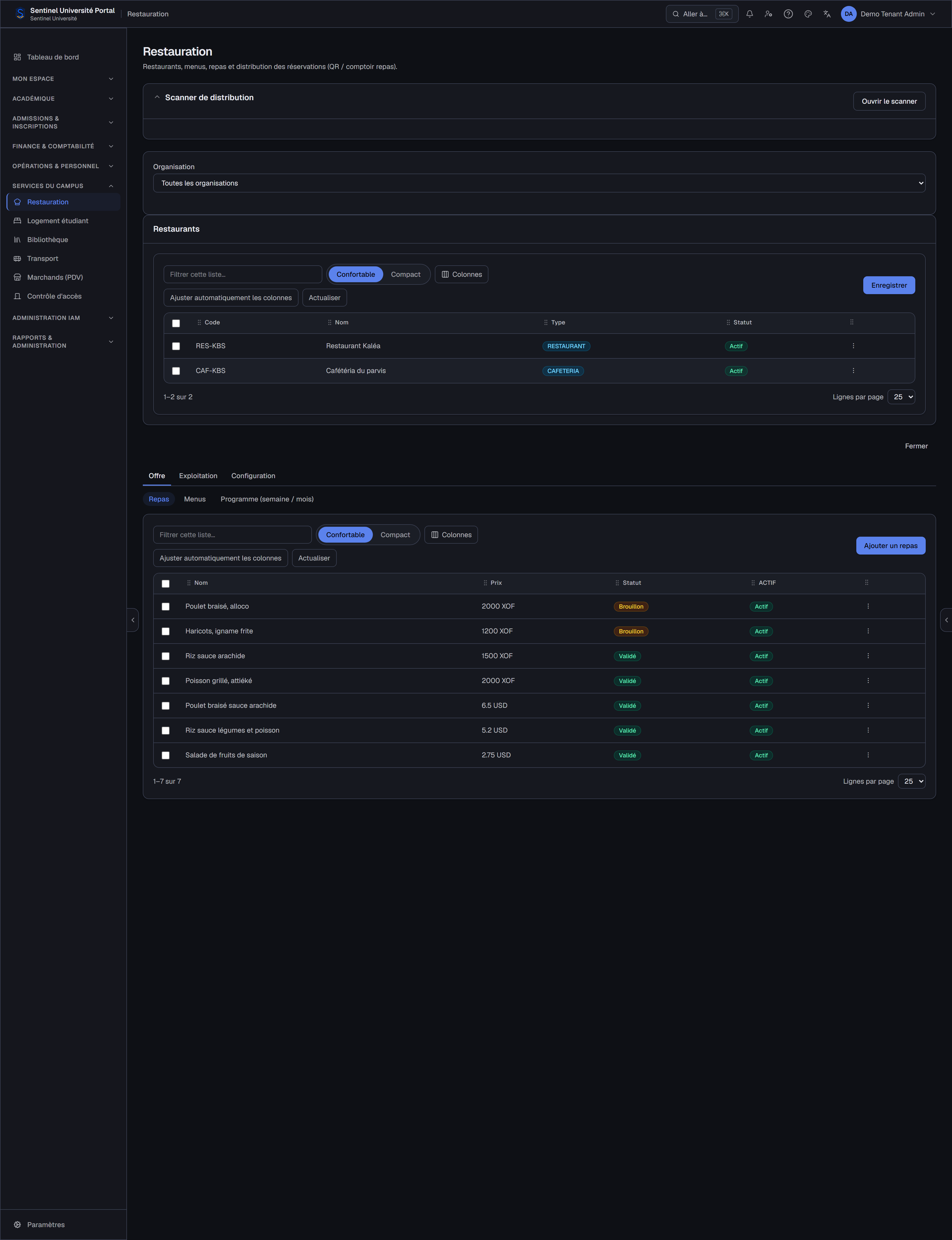 Gestion des repas — interface réelle de Sentinel