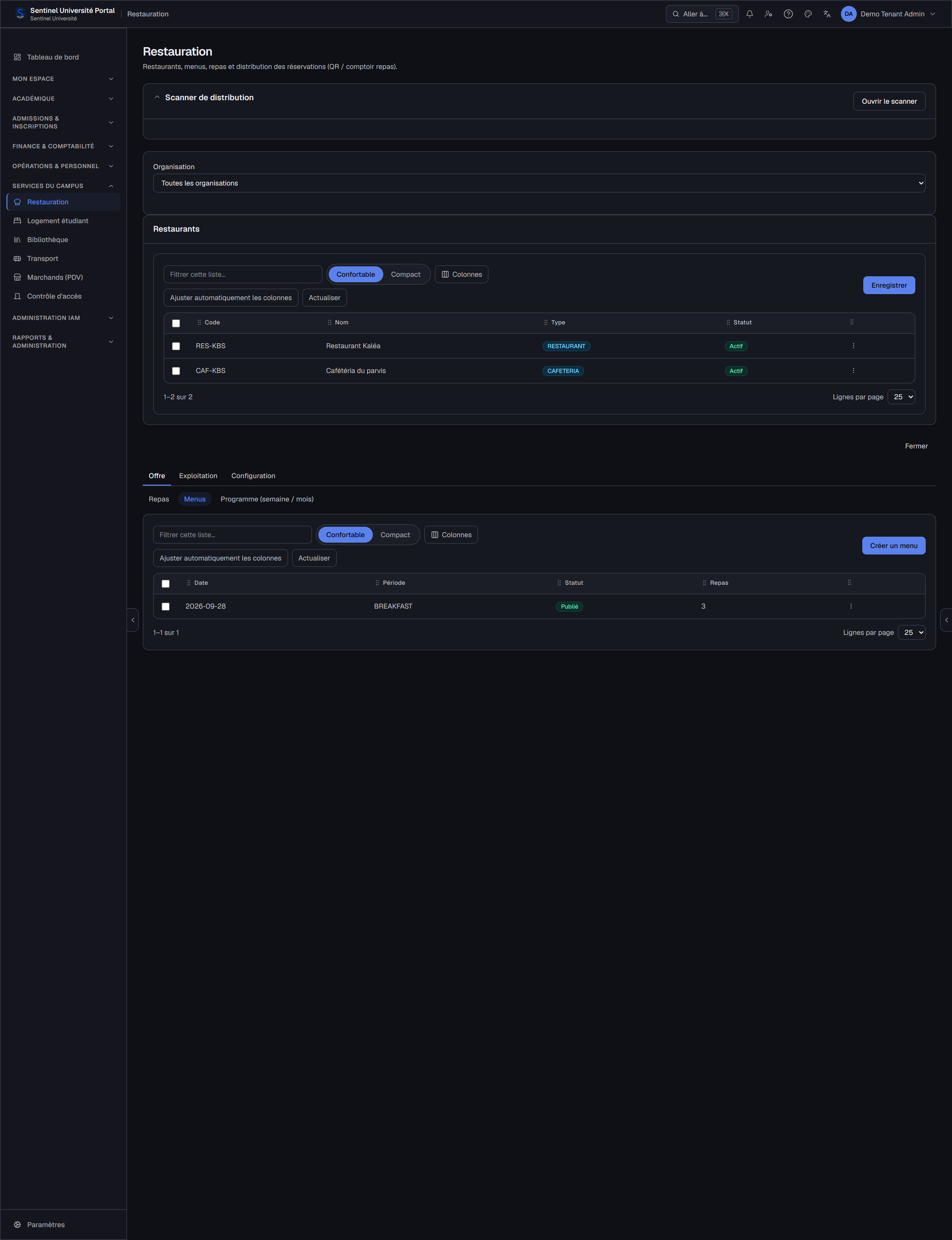 Gestion des menus de restauration — Sentinel