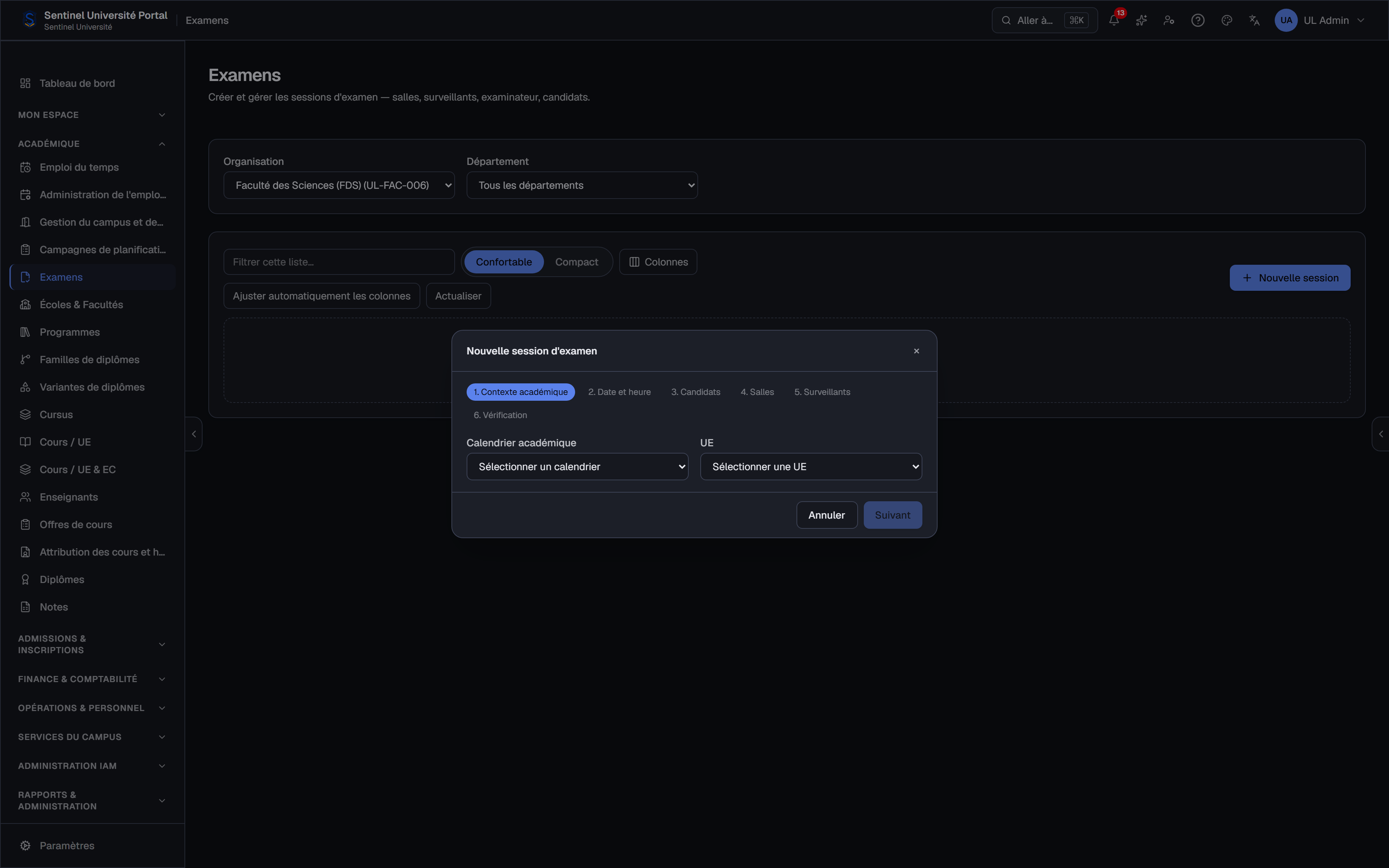 Assistant de planification d'une session d'examen — interface réelle de Sentinel