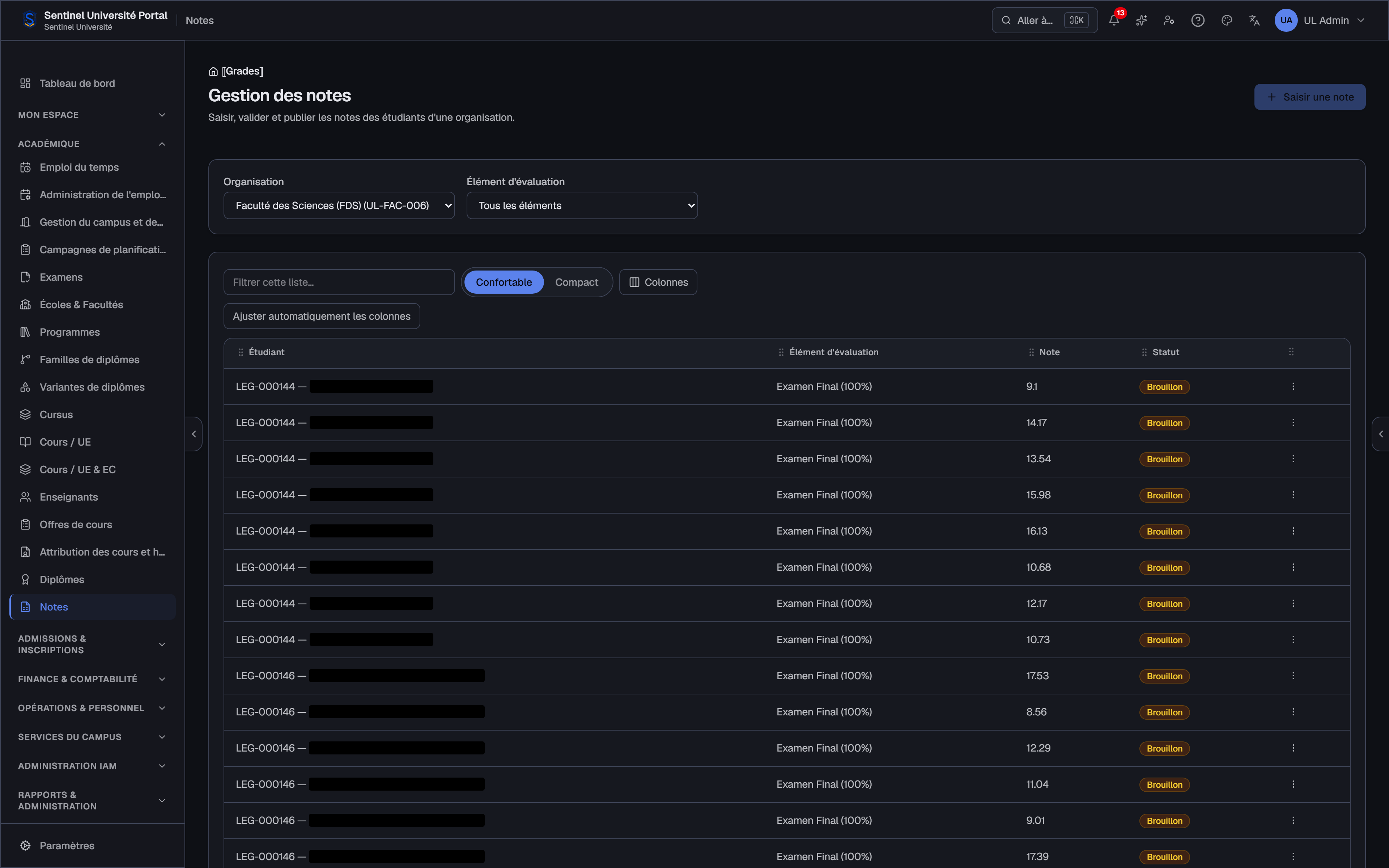 Gestion des notes — Sentinel