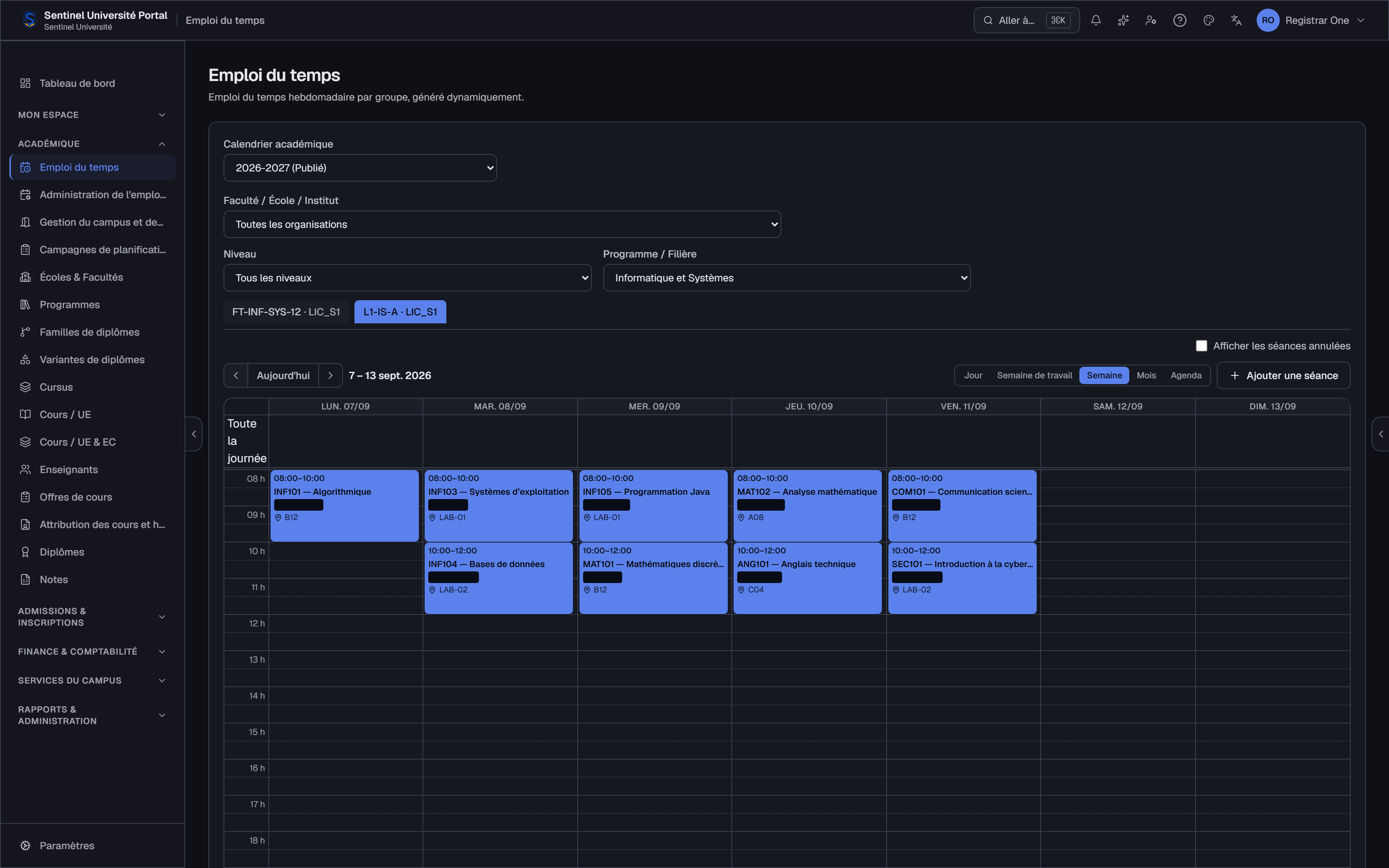 Vue hebdomadaire de l'emploi du temps — interface réelle de Sentinel