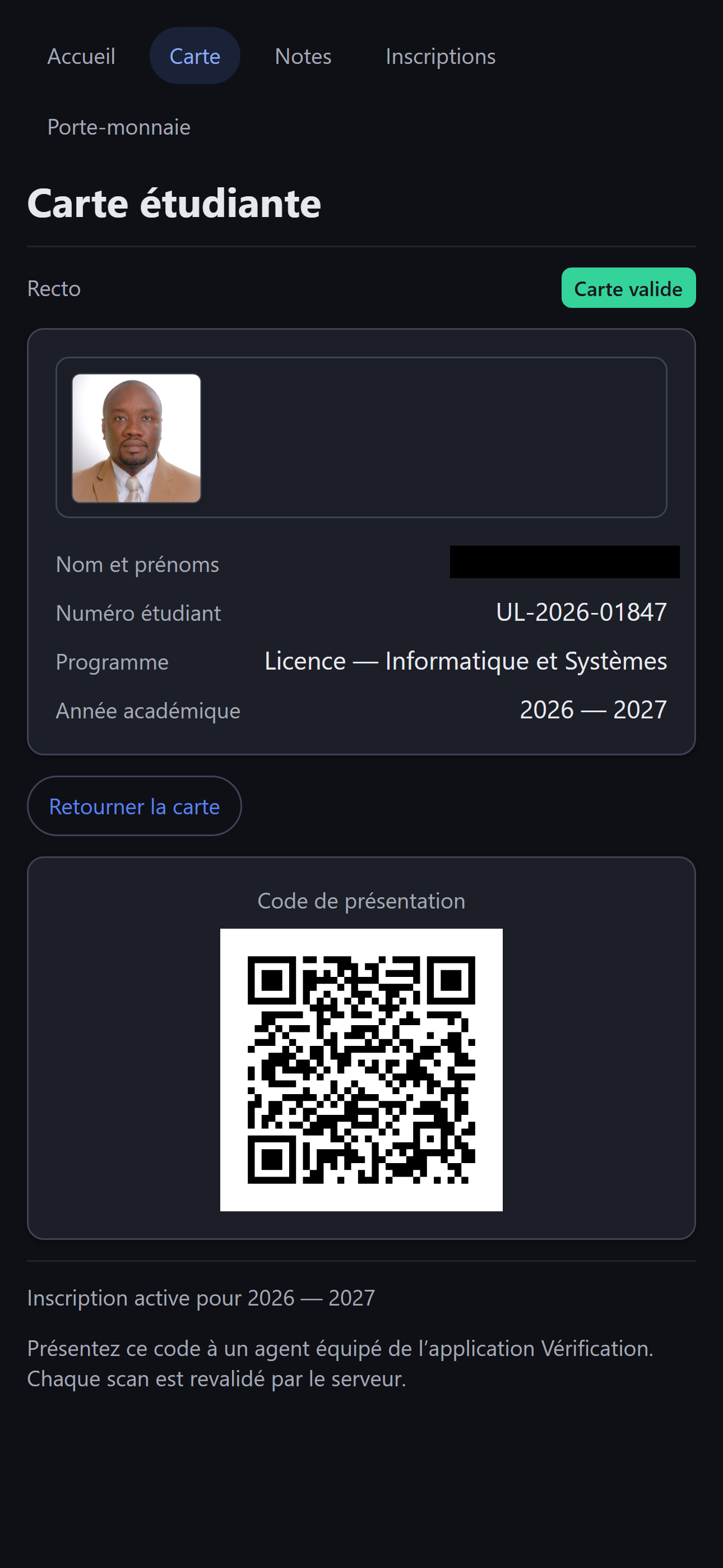 Carte étudiante numérique avec QR code — application mobile Sentinel