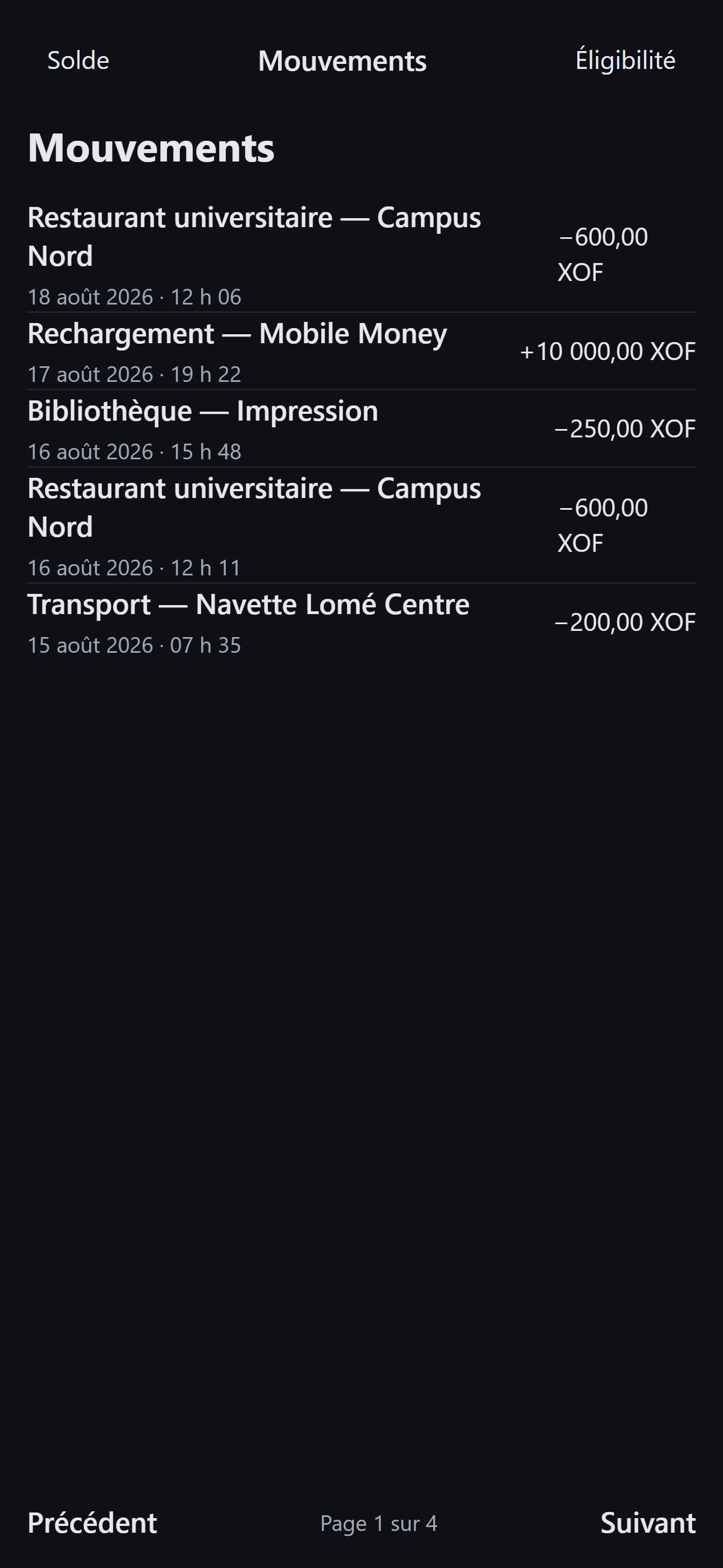 Historique des mouvements du porte-monnaie — application mobile Sentinel