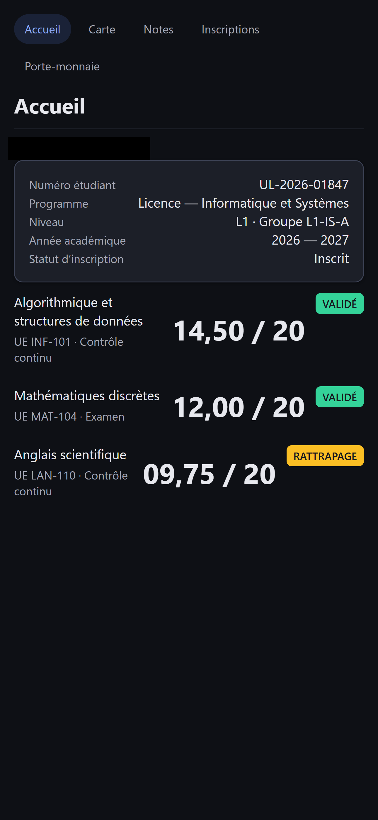 Écran d'accueil, profil et notes — application mobile Sentinel