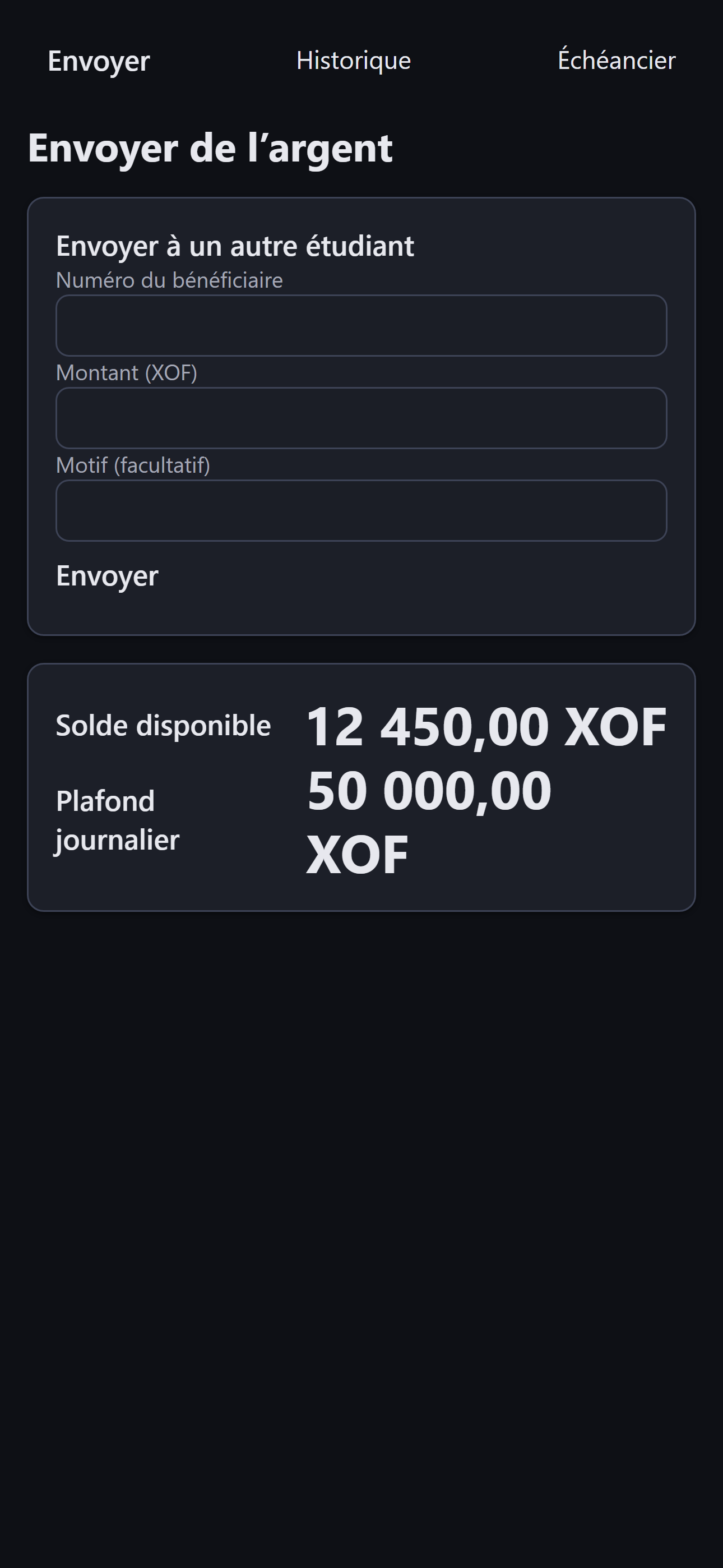 Envoi d'argent entre étudiants — application mobile Sentinel