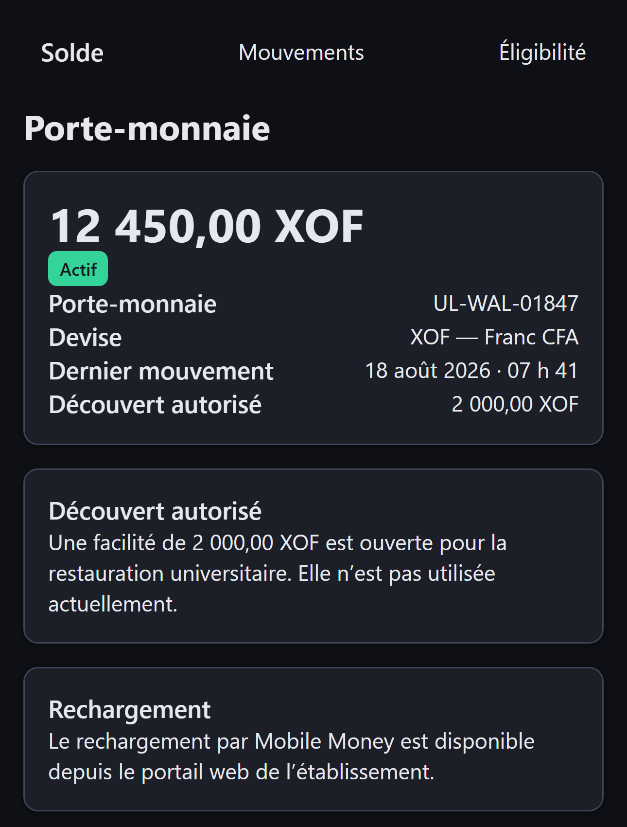 Sentinel — écran de paiement mobile de l'application étudiante