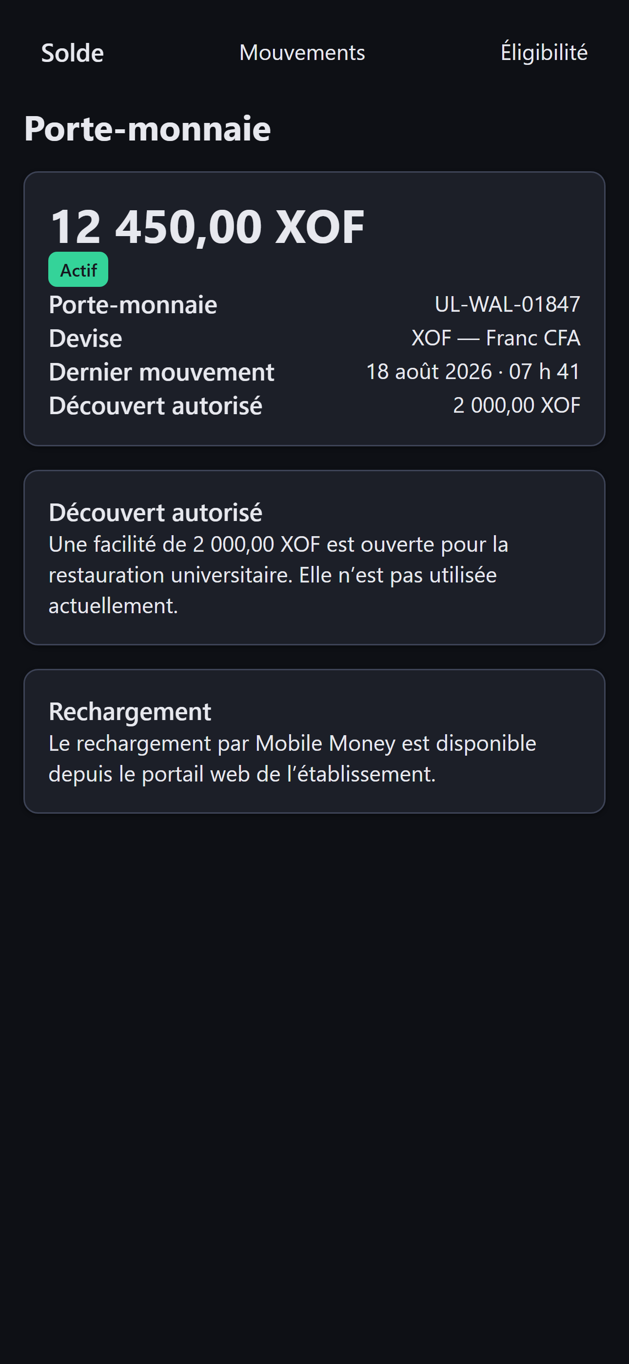 Solde et découvert autorisé du porte-monnaie — application mobile Sentinel