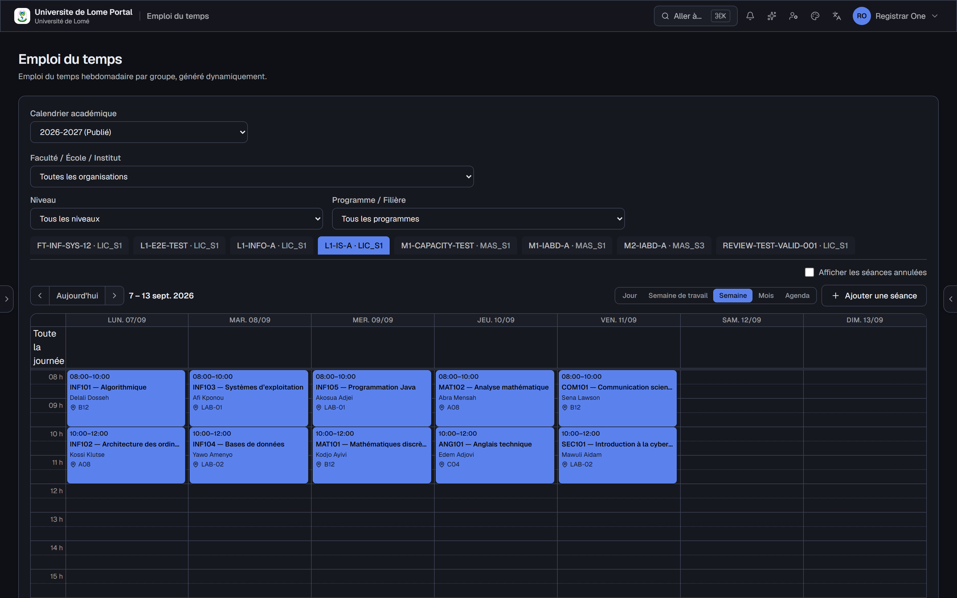 Sentinel timetable, filtered by group